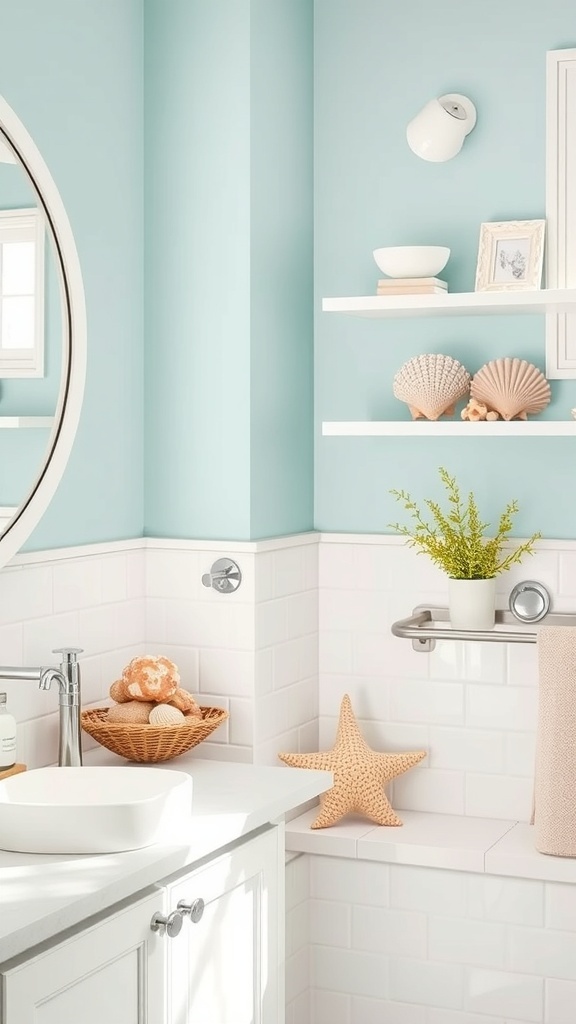 A bright bathroom featuring seashell decor and greenery, showcasing a coastal theme.