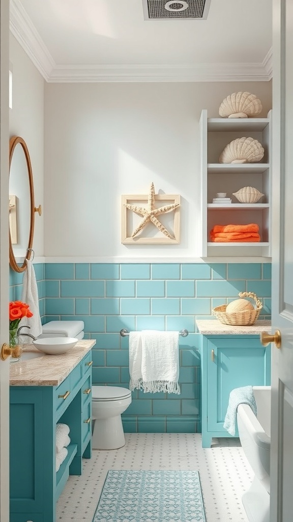 A beautifully styled bathroom shelf featuring seashells, bright towels, and coastal decor.