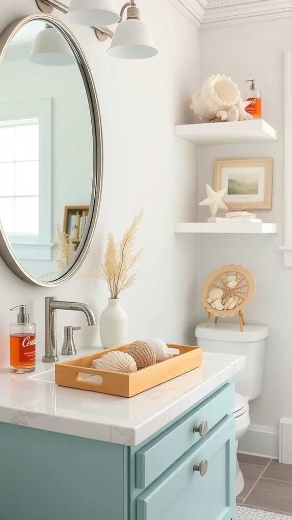 A bathroom counter with a wooden tray holding seashells, a mirror, and decorative elements.