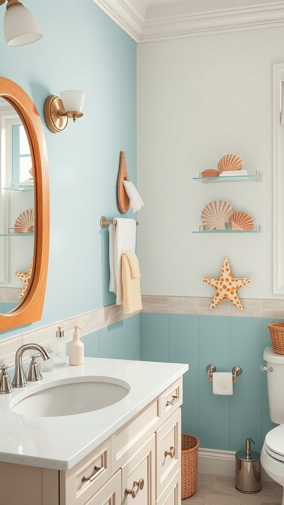 A bright bathroom with blue walls, seashells on shelves, and a starfish decoration.