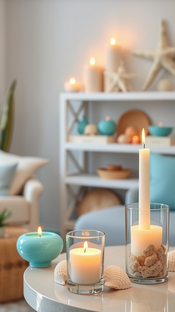 Cozy coastal decor with seashell candle holders in a bathroom setting