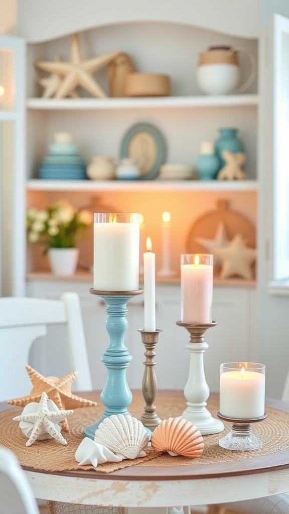 Seashell candle holders with driftwood base on a table with candles and coastal decor