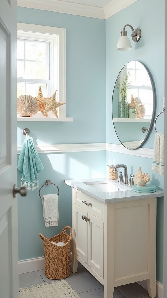 A bright and inviting guest bathroom featuring seashell decor, blue walls, and a cozy atmosphere.