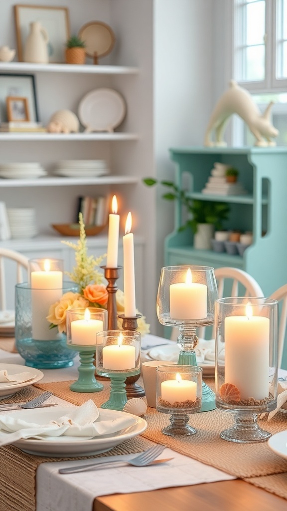 A beautifully set dining table featuring various seashell candle holders with lit candles, creating a cozy coastal decor.