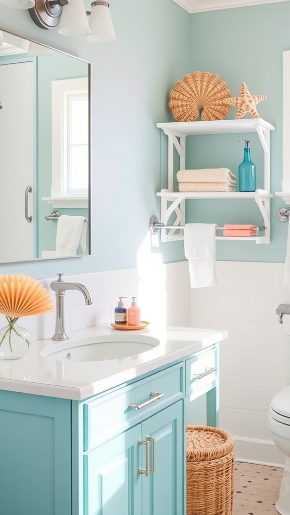 A bright coastal bathroom featuring a seashell soap dish and beach-themed decor.