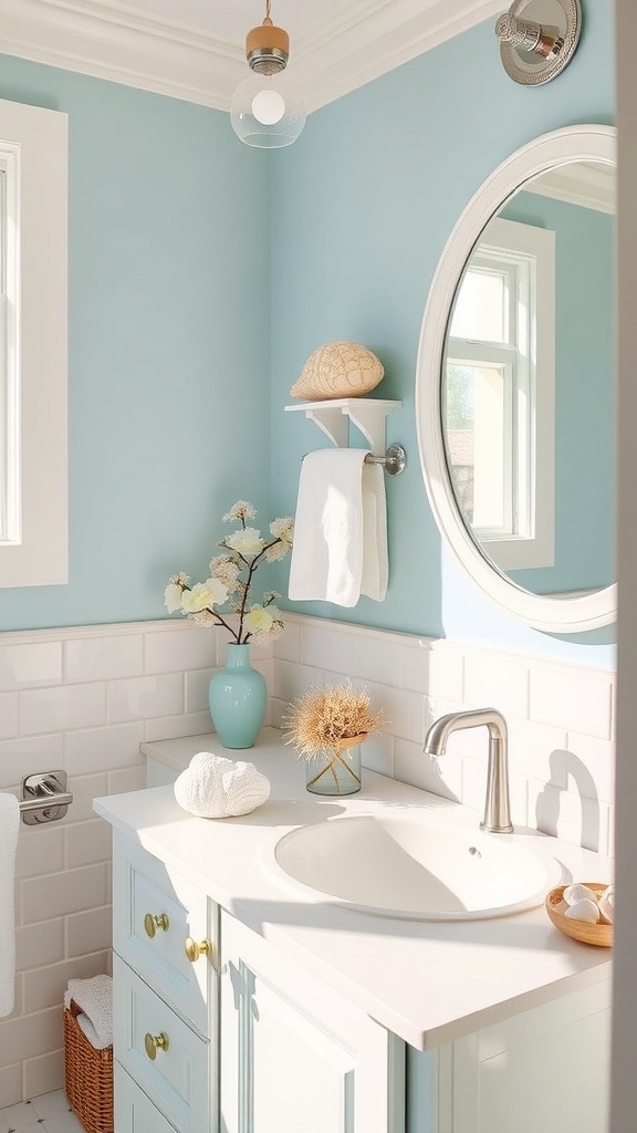 A small bathroom with blue walls, seashell decor, and a bright, airy feel.