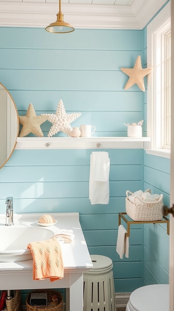 A bright bathroom featuring seashell decor, blue walls, and a cozy atmosphere.