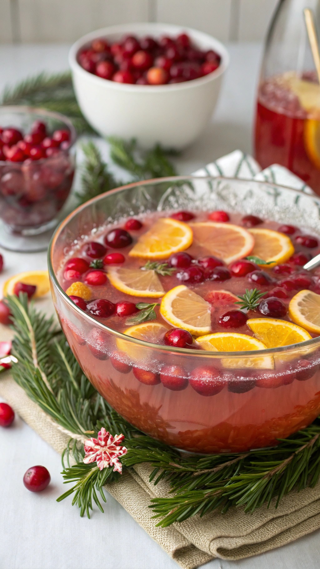 Sparkling cranberry punch with orange slices and cranberries in a serving bowl.
