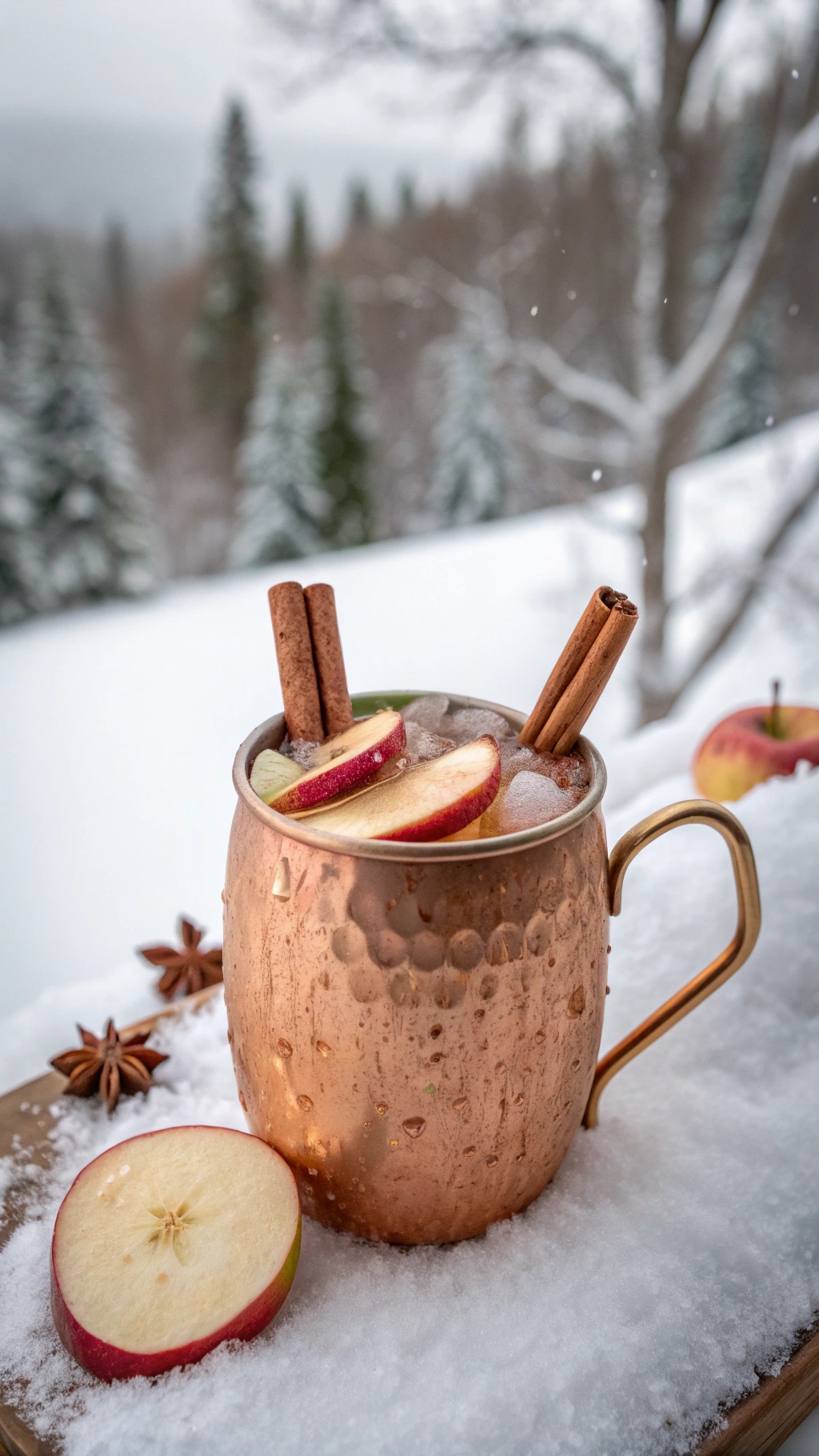Spiced apple cider mule in a copper mug with apple slices and cinnamon sticks.