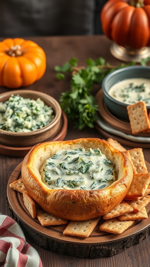 A warm spinach artichoke dip served in a bread bowl with crackers and pumpkins in the background.