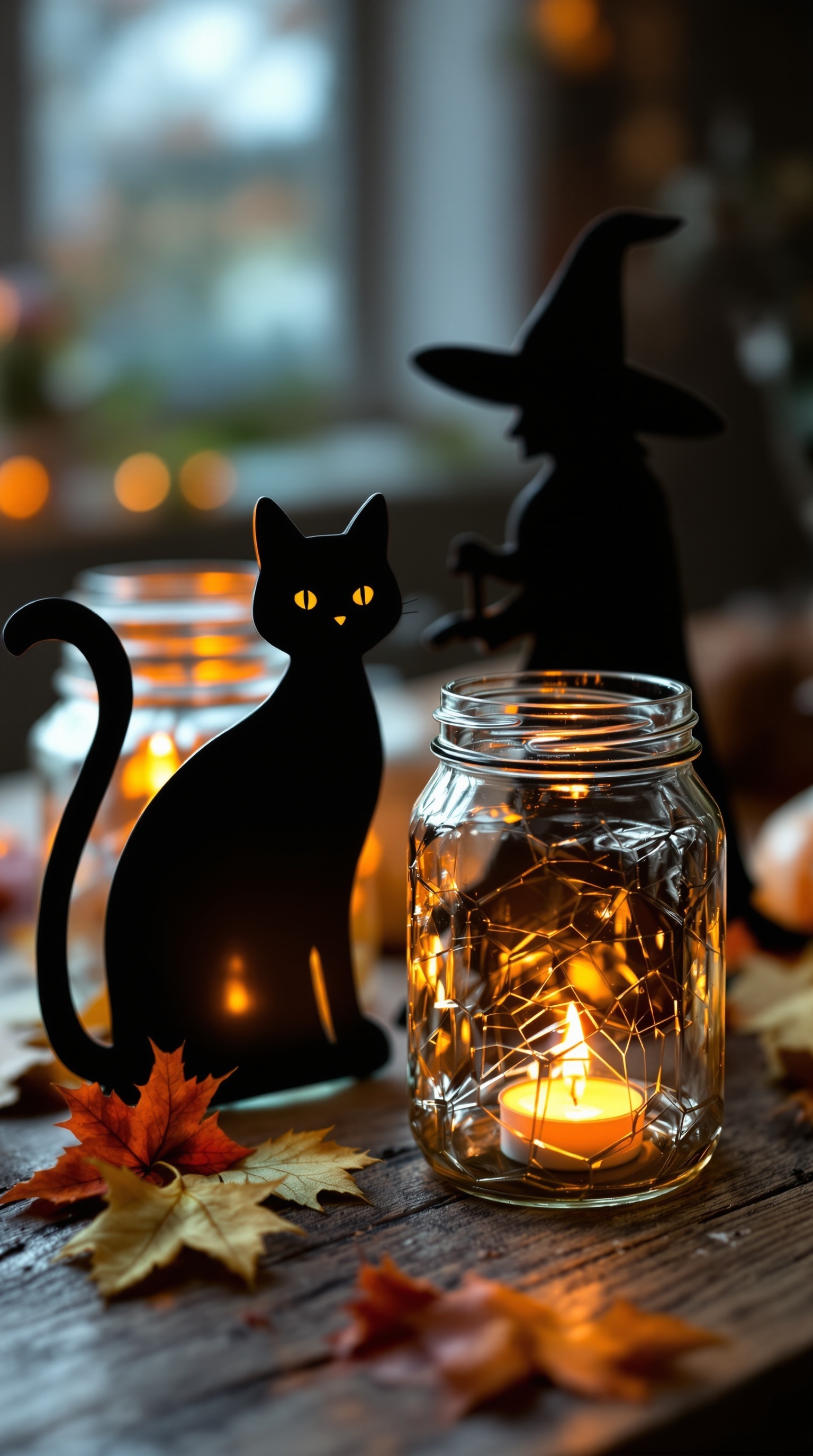 Spooky silhouette lanterns featuring a black cat and a witch, surrounded by autumn leaves and candles.