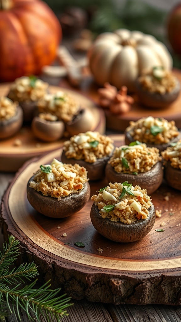 A platter of stuffed mushrooms topped with breadcrumbs and herbs, set against a cozy autumn backdrop.