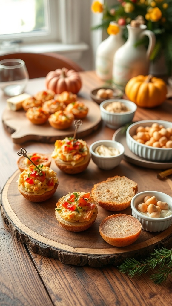 A beautifully arranged Thanksgiving appetizer spread featuring mini savory bites, nuts, and dips on a wooden platter.