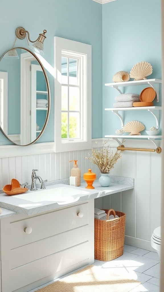 A bright bathroom with blue walls featuring seashell decor on shelves and a stylish sink area.