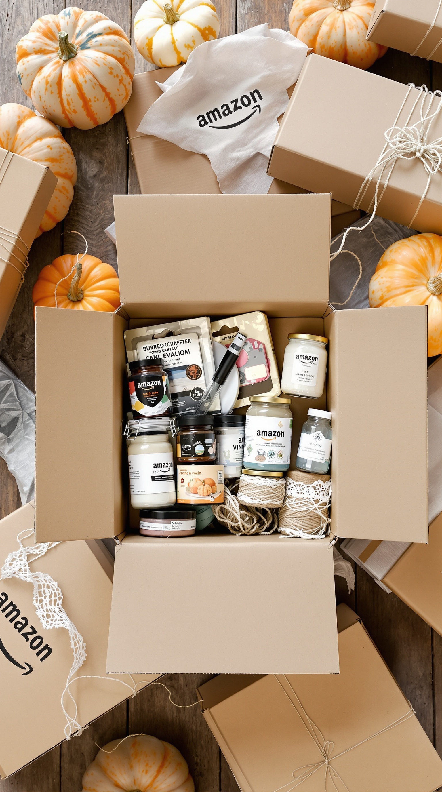 A box filled with various Halloween supplies and pumpkins on a wooden surface.