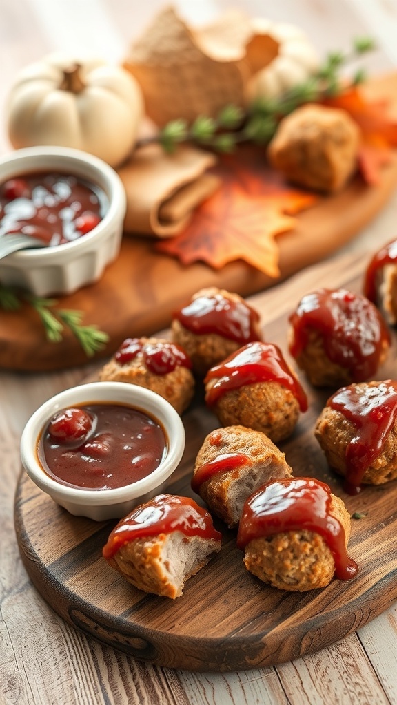 A platter of turkey meatballs with dipping sauce, garnished with fall-themed decorations.