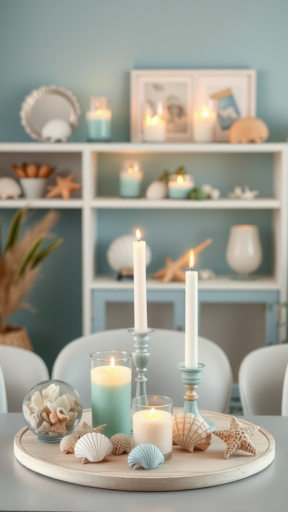 A cozy coastal decor setup featuring seashell candle holders and candles on a wooden tray.