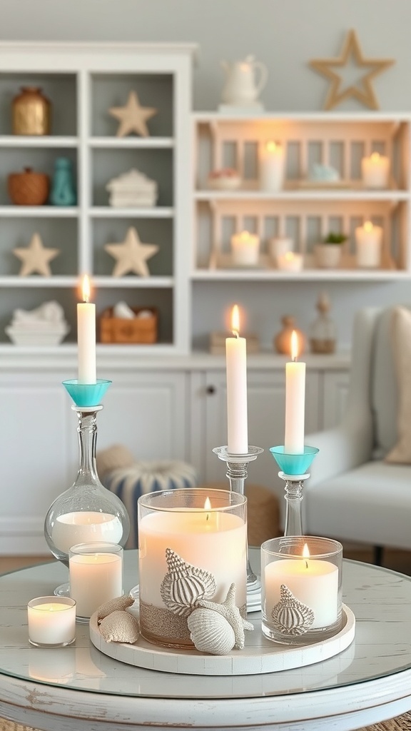 A cozy coastal decor setup featuring various seashell candle holders and candles on a table.