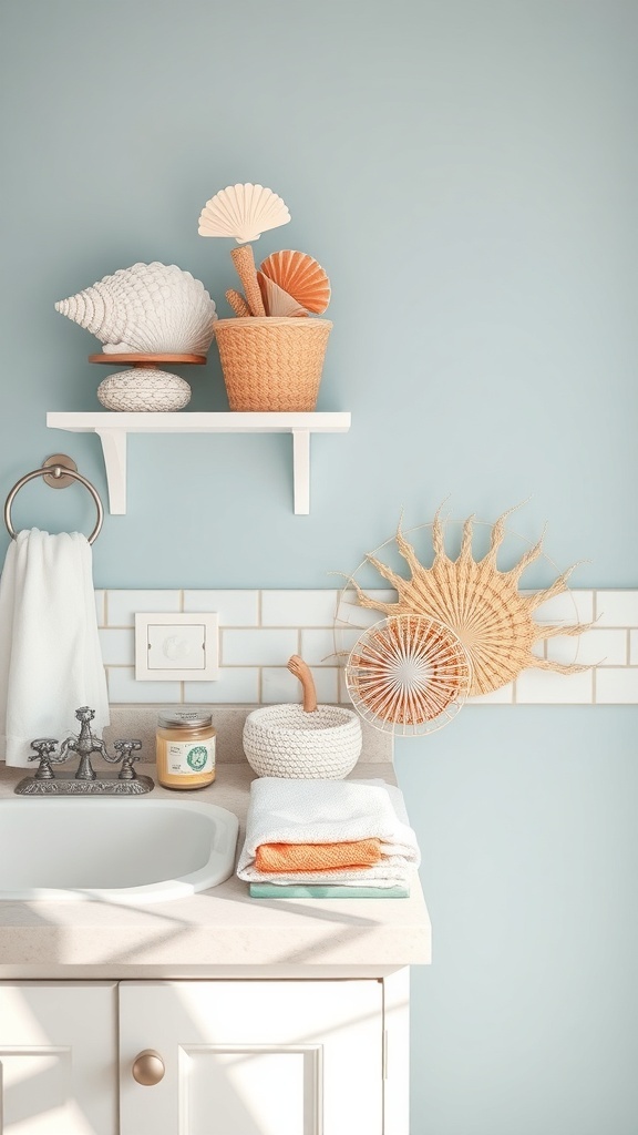 A bathroom shelf decorated with seashells and woven baskets against a light blue wall.