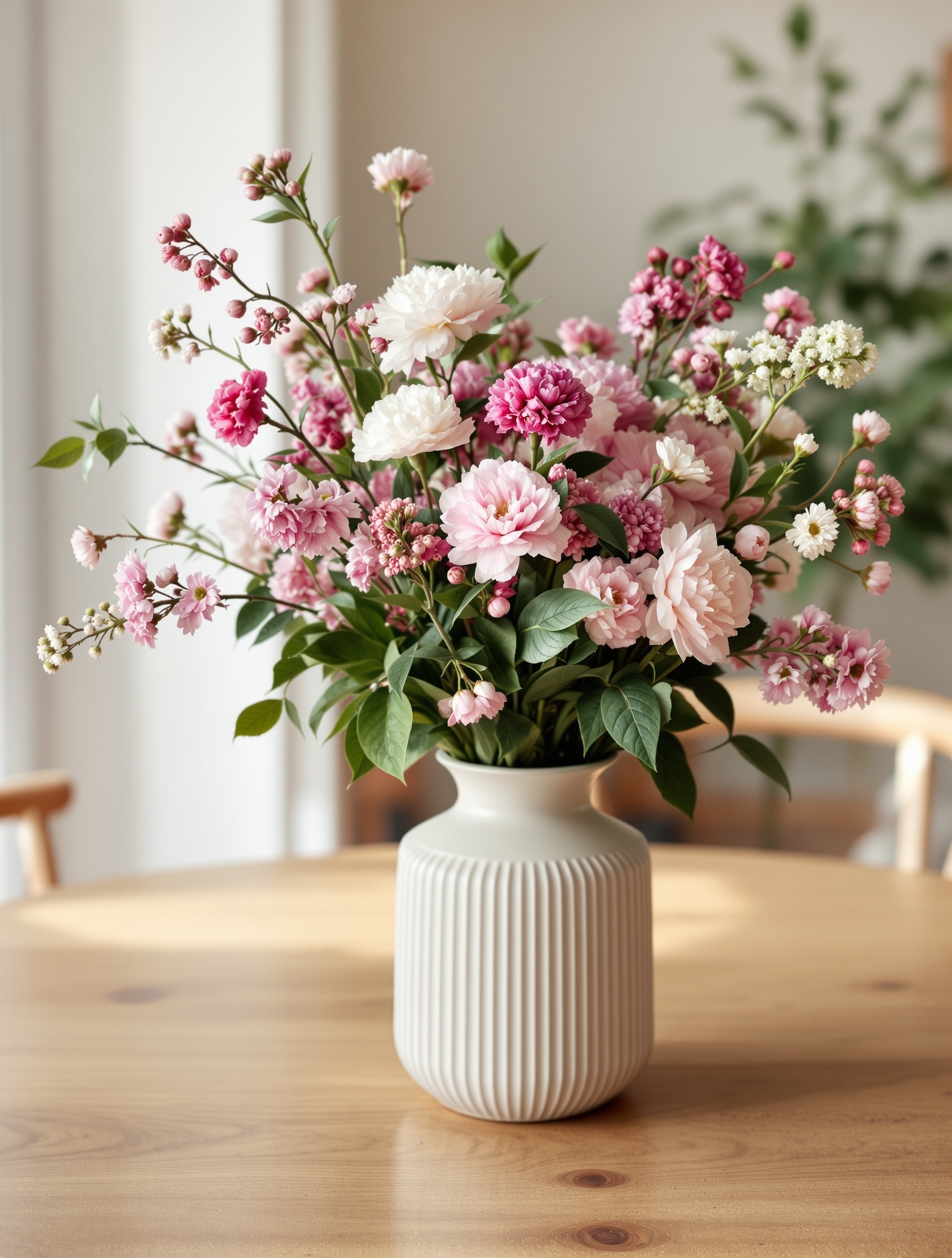 A beautiful floral arrangement with pink and white flowers in a ribbed vase on a wooden table.