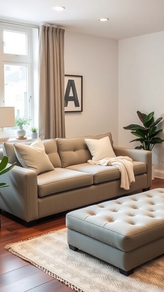 Cozy living area with a multi-functional sofa and ottoman