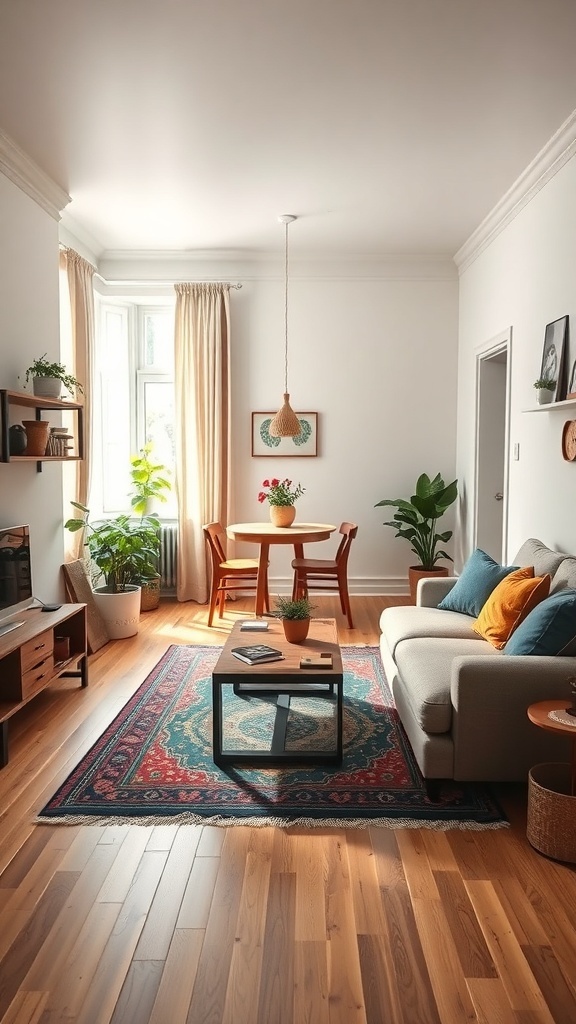 A cozy living room with a colorful area rug, a sofa, a coffee table, and a dining area in the background.