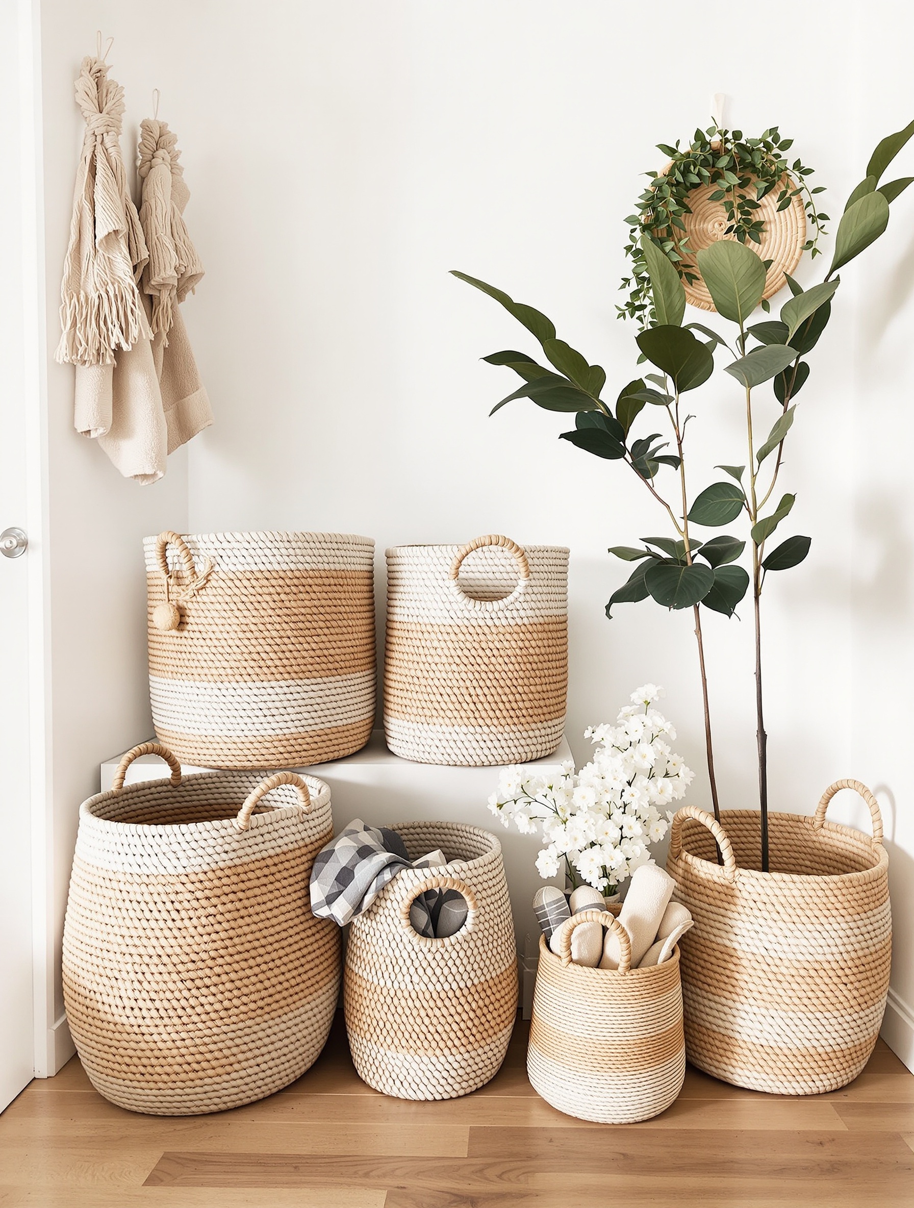 A collection of decorative baskets in neutral tones, arranged on a shelf with plants and textiles.