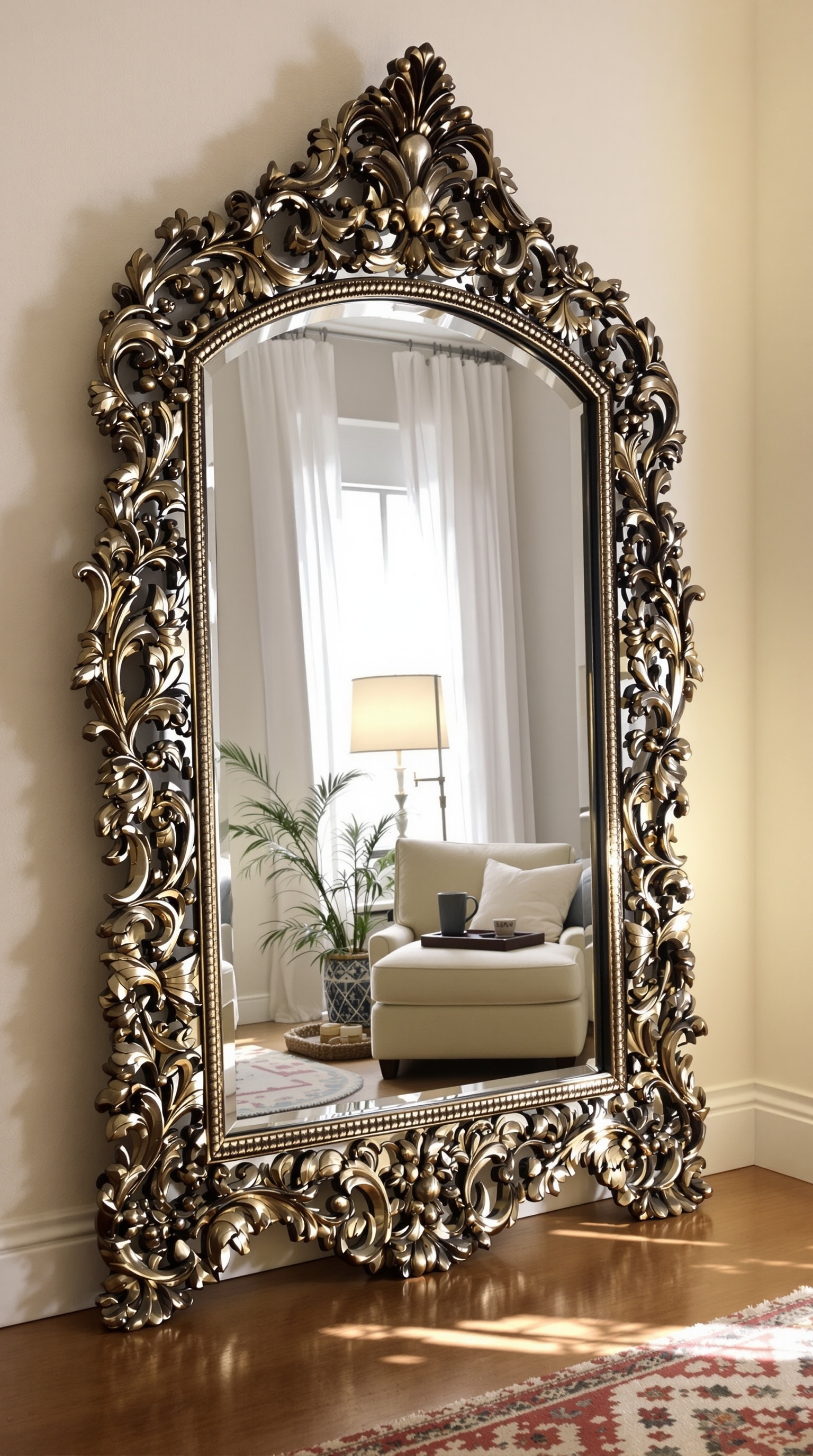 A hallway with an ornate mirror reflecting light and decor, enhancing the space.