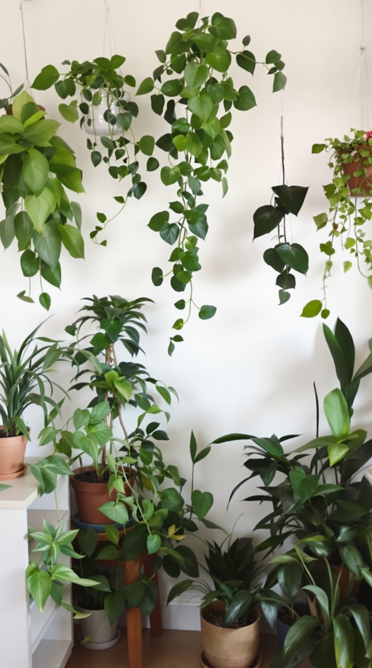 A cozy corner of a small apartment filled with various indoor plants, showcasing a lively and inviting atmosphere.