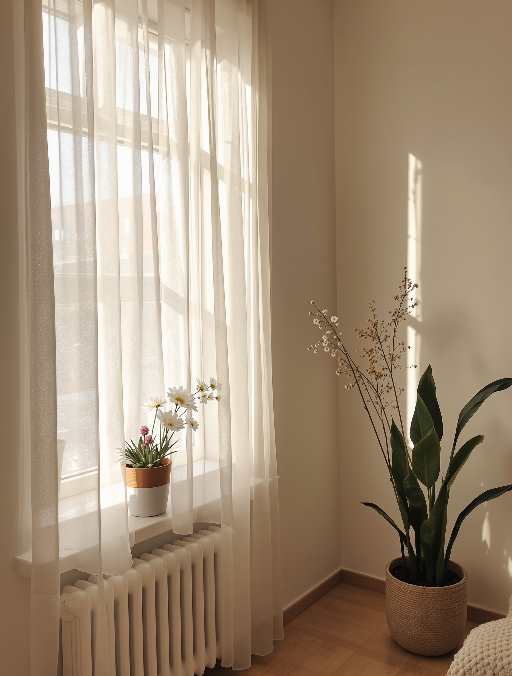 Light and airy window treatments with sheer curtains and potted plants