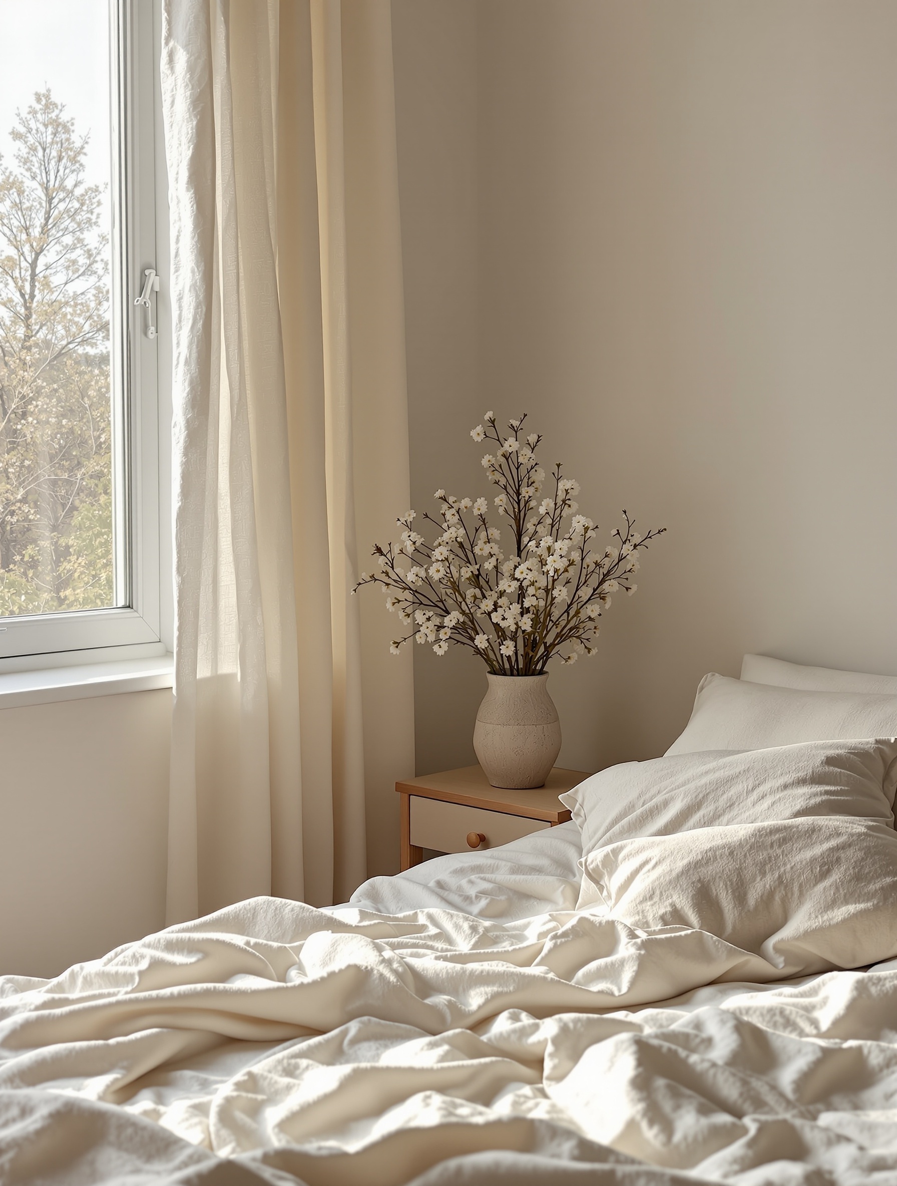 A cozy bedroom with light curtains, soft bedding, and a vase of flowers on a nightstand.