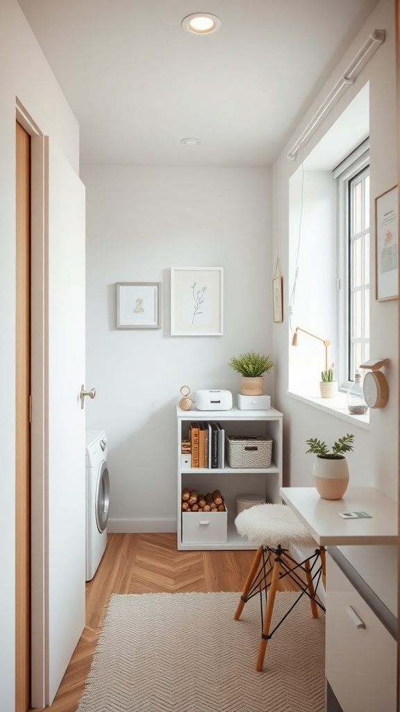 A small, organized apartment space with a desk, shelving unit, and plants.