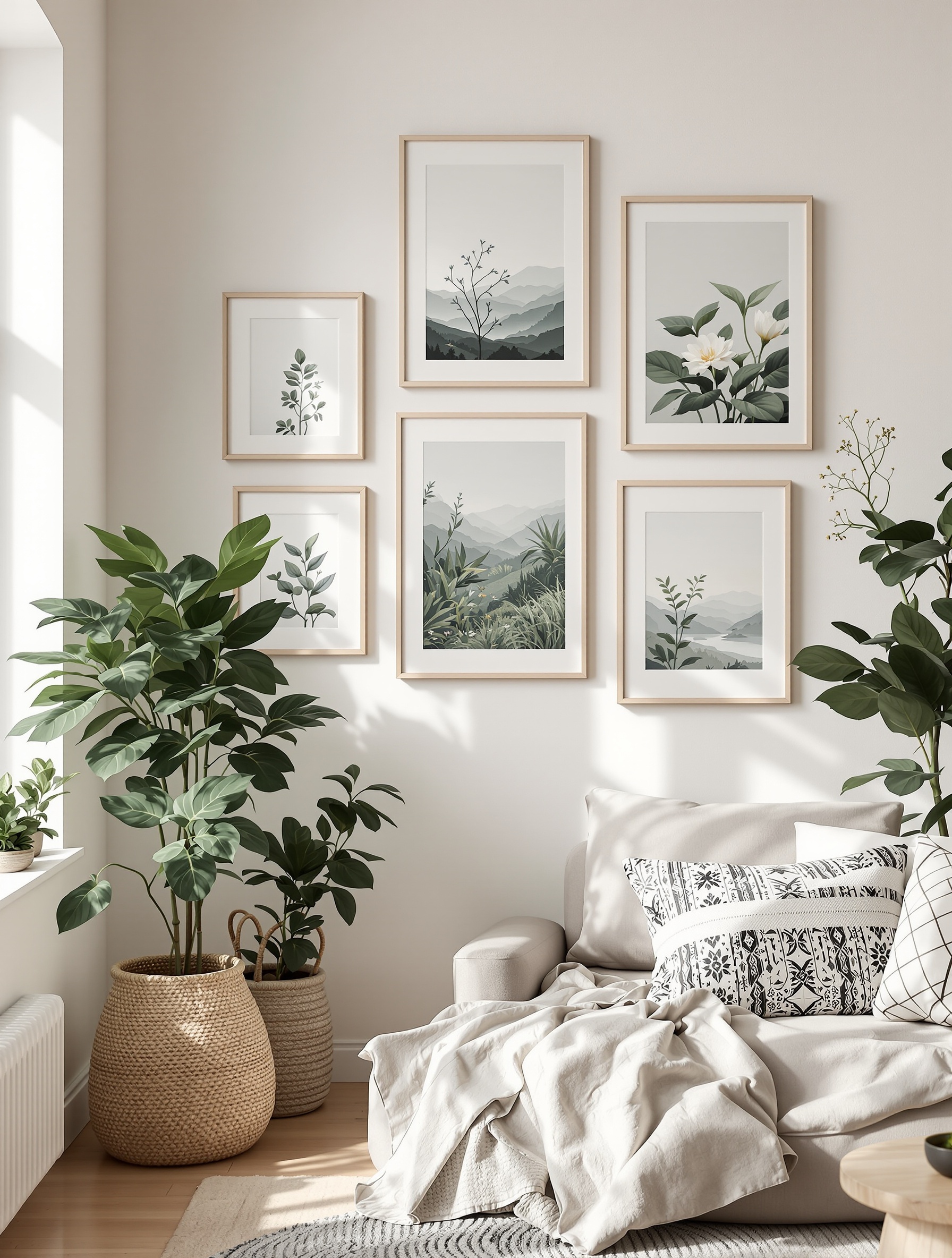 A cozy living room with nature-inspired wall art and indoor plants.