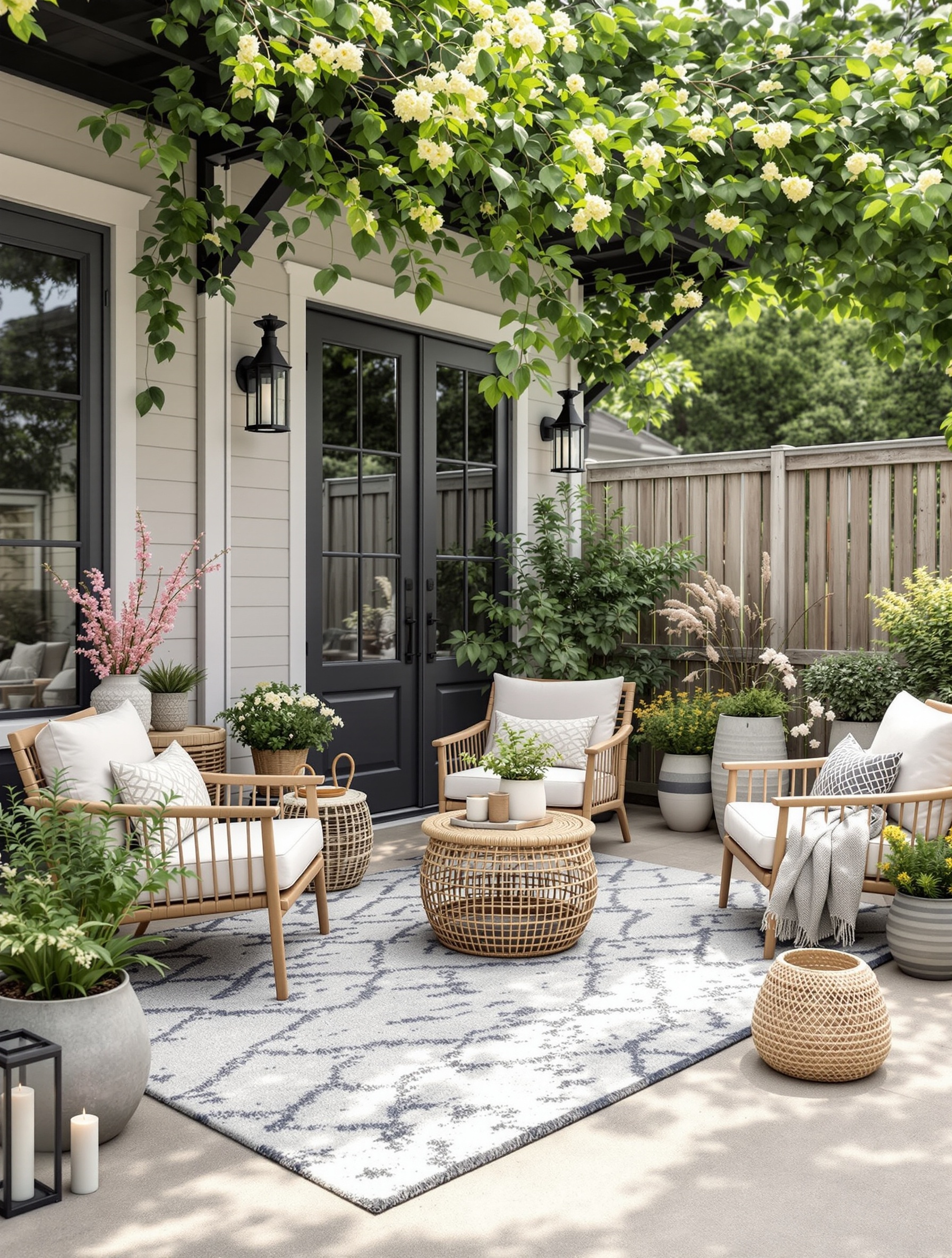 A cozy outdoor living space with comfortable seating, plants, and decorative elements.