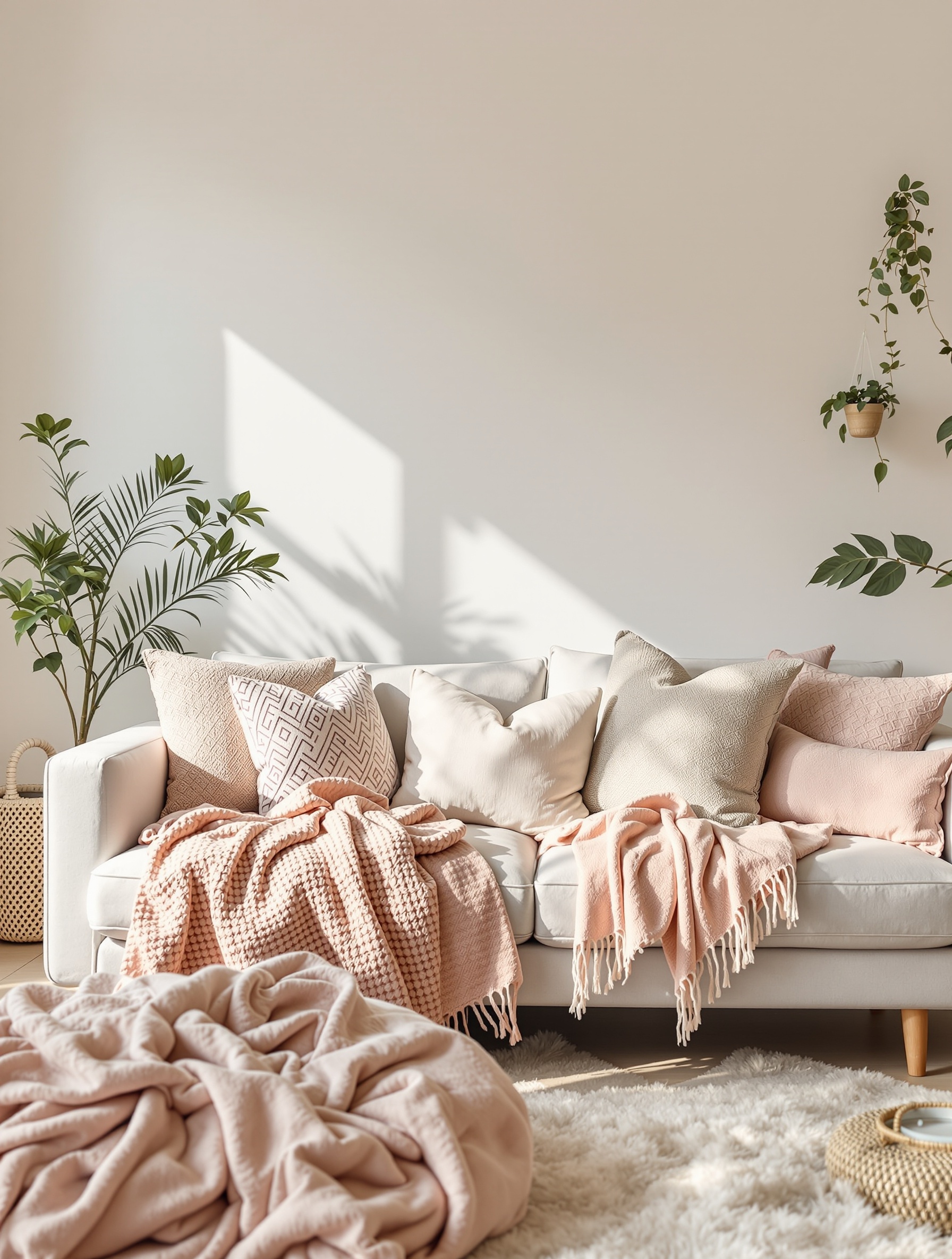 A cozy living room with a pastel color palette featuring a light sofa with pillows, a soft throw blanket, and plants.