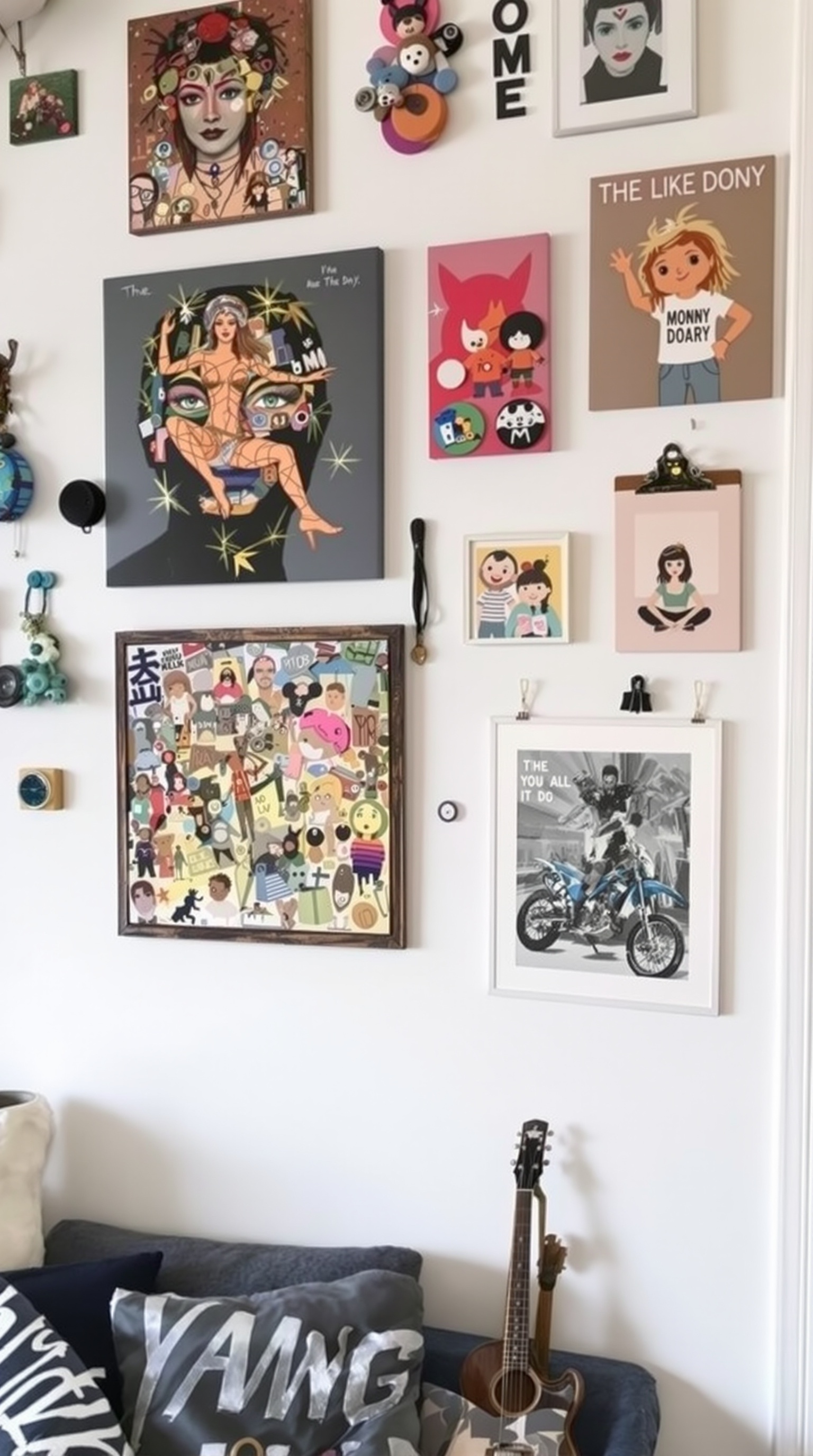 A cozy corner of a small apartment featuring a variety of framed artworks, a clock, and a potted plant.
