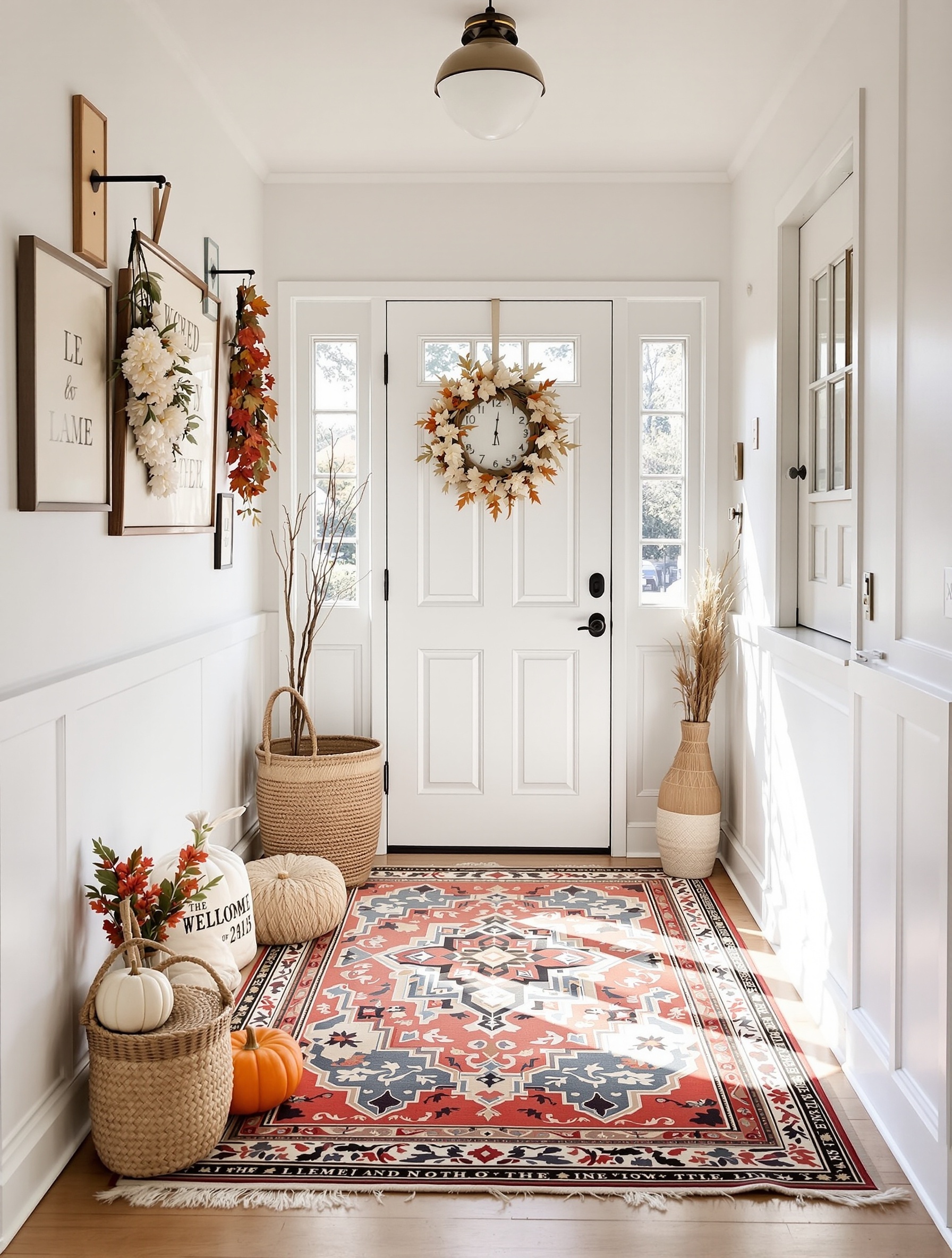 A bright and welcoming entryway featuring a decorative wreath, a stylish clock, framed art, and a colorful rug.
