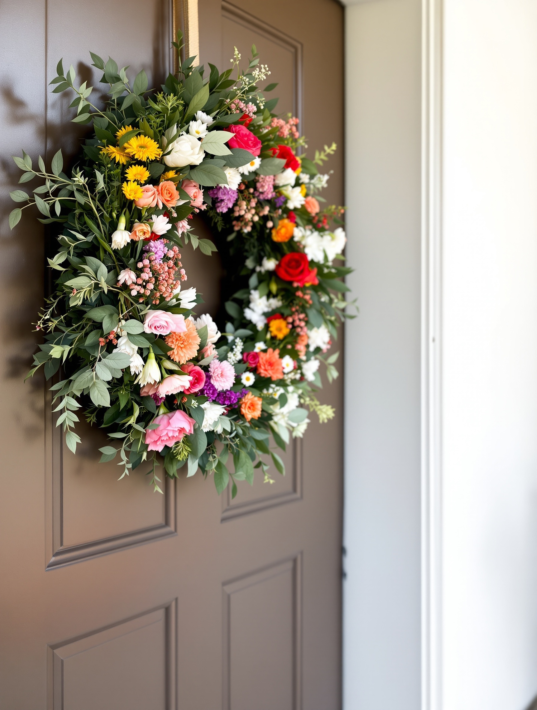 A vibrant spring wreath made of colorful flowers and greenery hanging on a brown door.