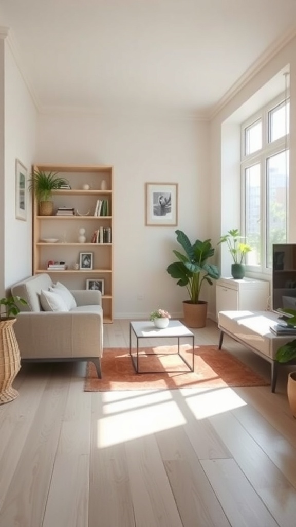 A bright and airy small apartment with light-colored walls, wooden floors, and minimal furniture.