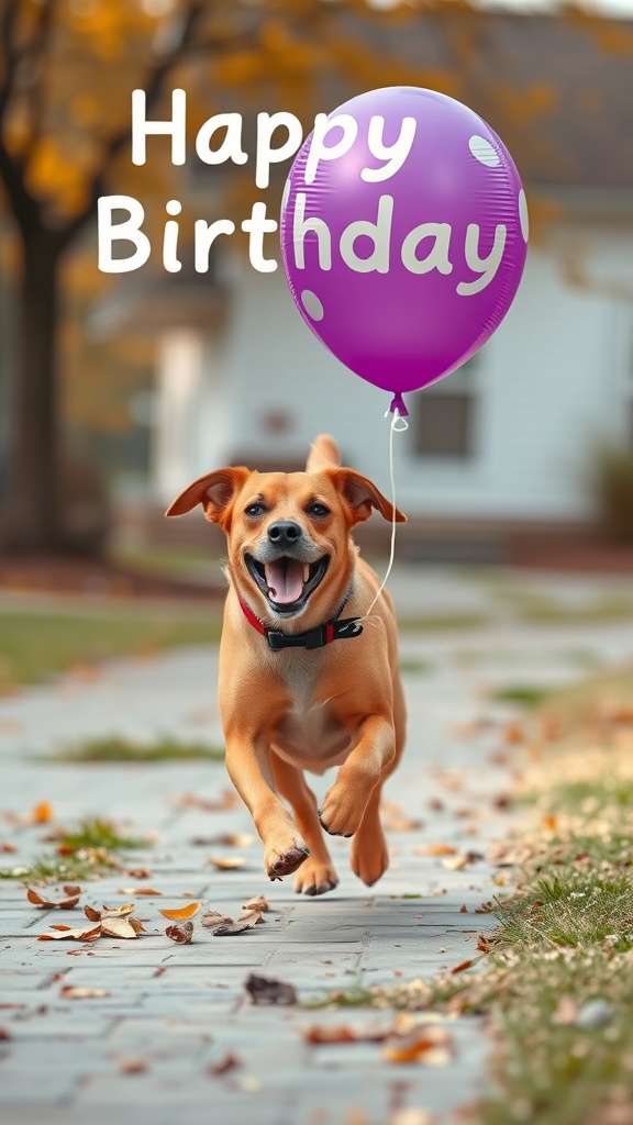 A happy dog running with a purple balloon on its birthday