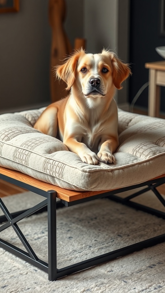 A dog sitting on an elevated dog bed with two levels, showcasing a comfortable sleeping surface.