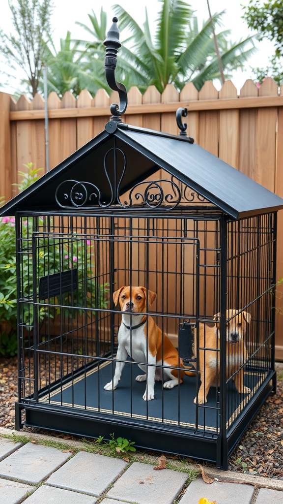 A stylish dog crate with a roof, providing shade for two dogs inside.