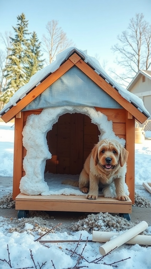 A dog sitting in a well-insulated dog house with snow outside.