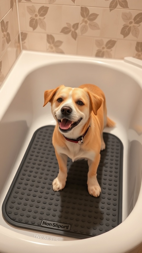 A happy dog standing on a non-slip mat in a homemade bath tub.