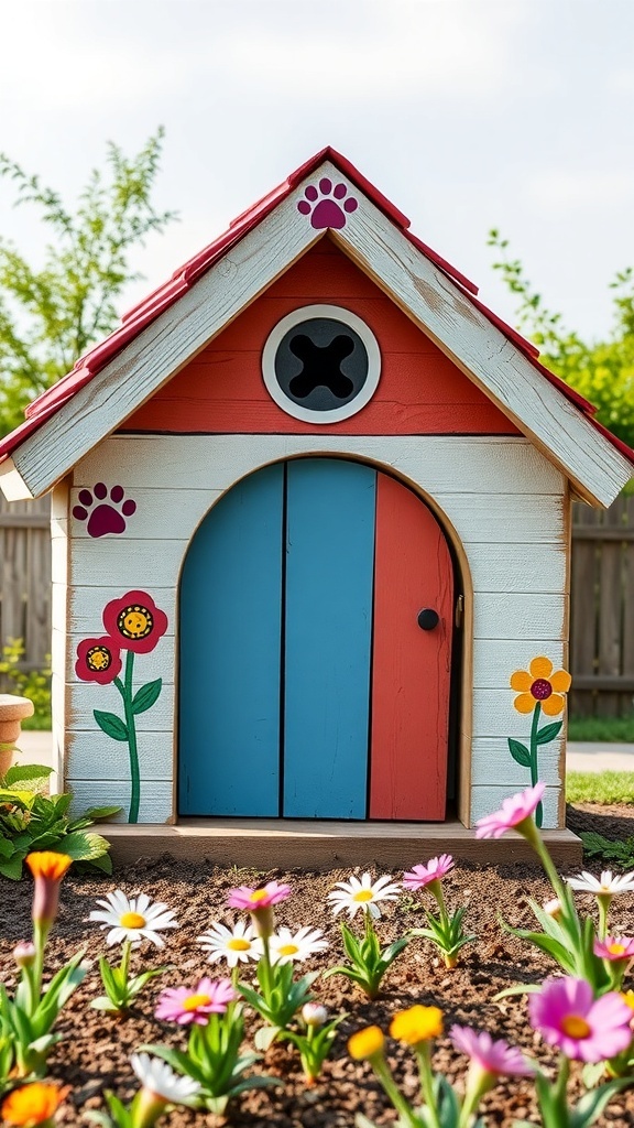 A colorful homemade dog house with flowers and paw prints