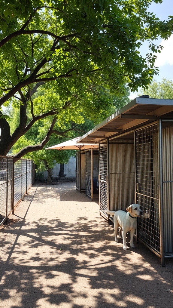 A dog kennel area with trees providing shade and a dog standing outside its kennel.