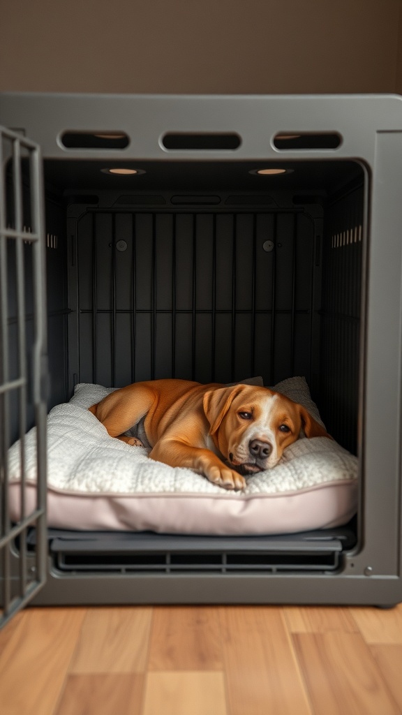 A dog resting comfortably in a well-ventilated crate with a soft bed.