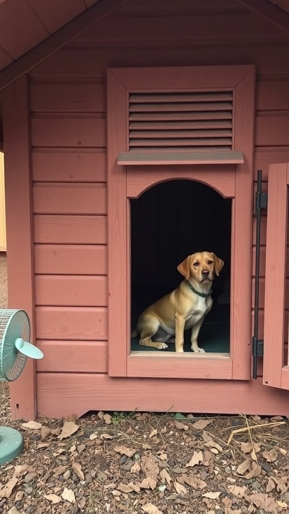 A dog sitting in a well-ventilated dog house with a fan outside.
