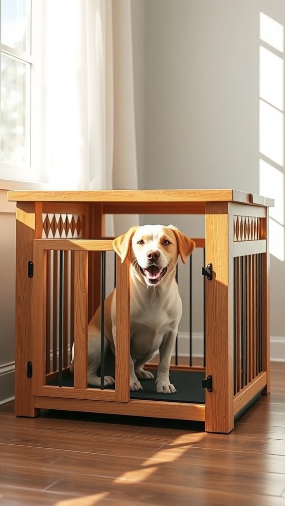A wooden dog crate with slats for ventilation, featuring a happy dog inside.