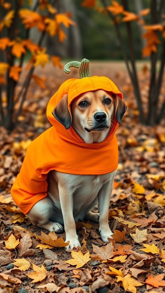 A dog wearing an orange pumpkin costume sitting among autumn leaves.